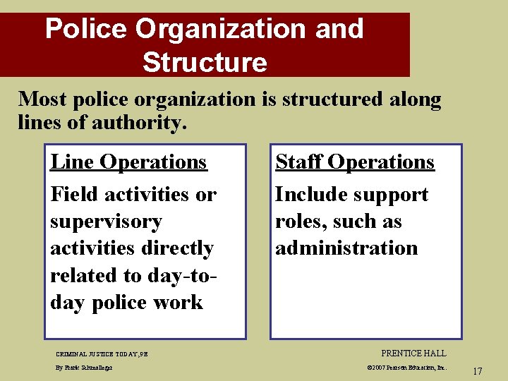 Police Organization and Structure Most police organization is structured along lines of authority. Line