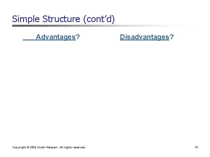 Simple Structure (cont’d) Advantages? Copyright © 2004 South-Western. All rights reserved. Disadvantages? 10 Simple Structure (cont’d) Advantages? Copyright © 2004 South-Western. All rights reserved. Disadvantages? 10