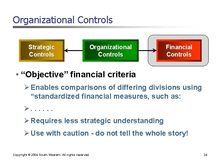 Organizational Controls Strategic Controls Organizational Controls Financial Controls • “Objective” financial criteria Ø Enables Organizational Controls Strategic Controls Organizational Controls Financial Controls • “Objective” financial criteria Ø Enables
