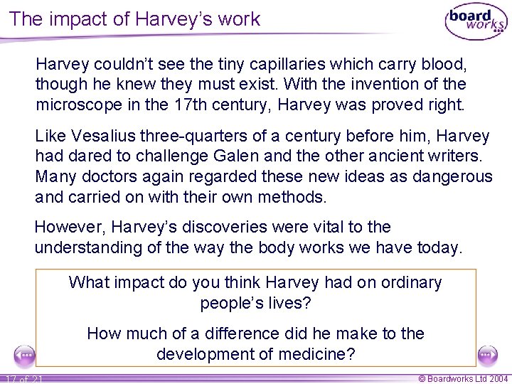 The impact of Harvey’s work Harvey couldn’t see the tiny capillaries which carry blood,