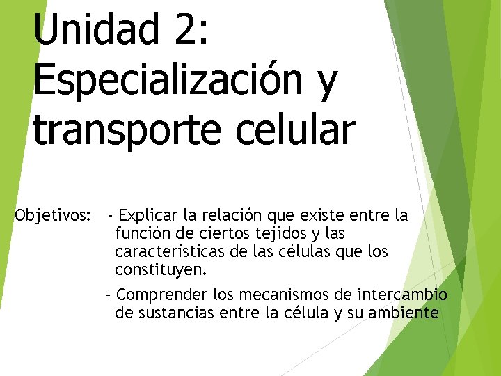 Unidad 2: Especialización y transporte celular Objetivos: - Explicar la relación que existe entre