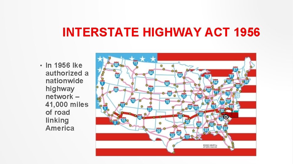 INTERSTATE HIGHWAY ACT 1956 • In 1956 Ike authorized a nationwide highway network –