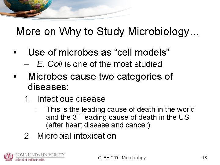 More on Why to Study Microbiology… • Use of microbes as “cell models” –