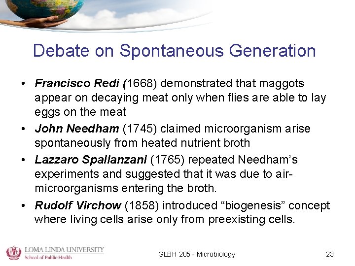 Debate on Spontaneous Generation • Francisco Redi (1668) demonstrated that maggots appear on decaying