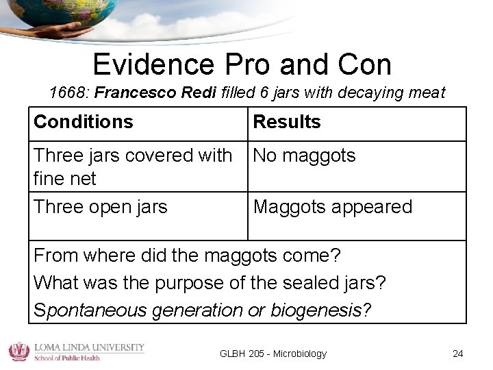Evidence Pro and Con 1668: Francesco Redi filled 6 jars with decaying meat Conditions