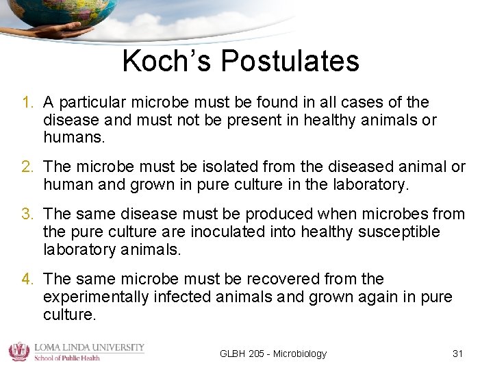 Koch’s Postulates 1. A particular microbe must be found in all cases of the