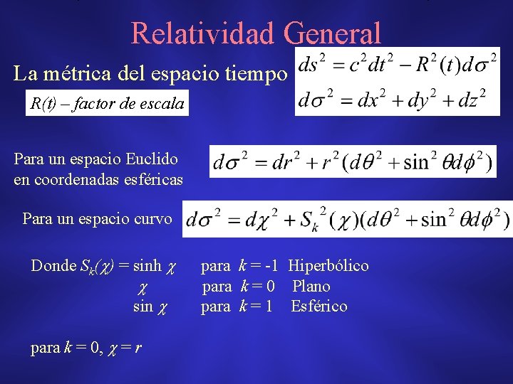 Relatividad General La métrica del espacio tiempo R(t) – factor de escala Para un