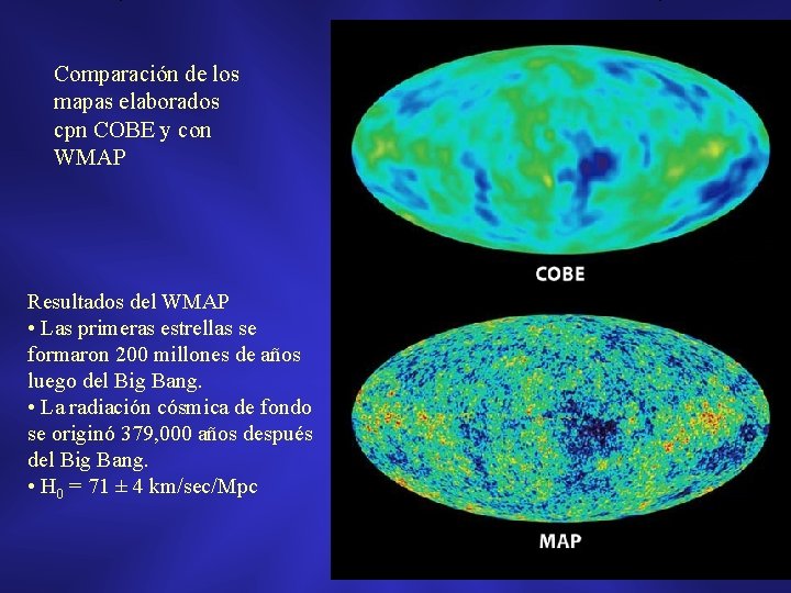 Comparación de los mapas elaborados cpn COBE y con WMAP Resultados del WMAP •