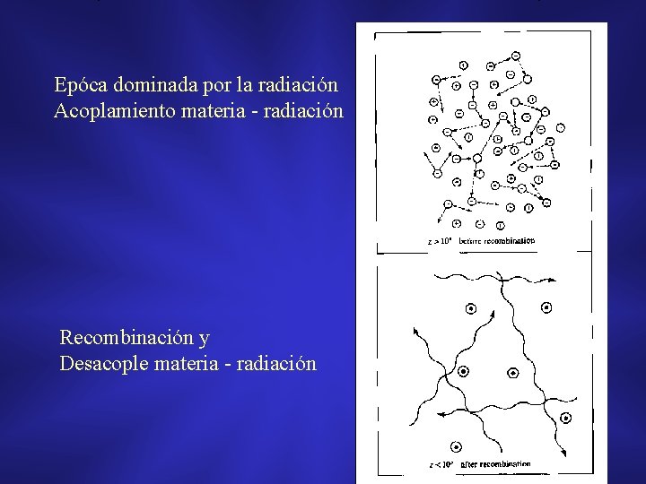 Epóca dominada por la radiación Acoplamiento materia - radiación Recombinación y Desacople materia -