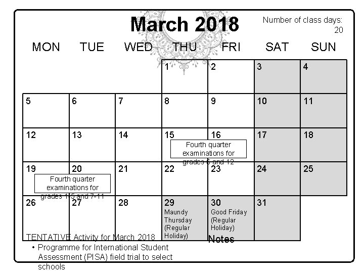 March 2018 MON TUE WED THU Number of class days: 20 FRI SAT SUN