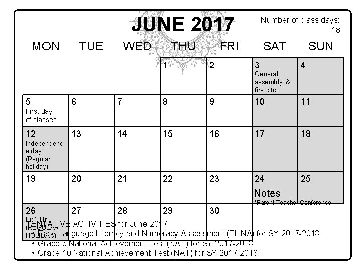 JUNE 2017 MON TUE WED THU 1 Number of class days: 18 FRI 2