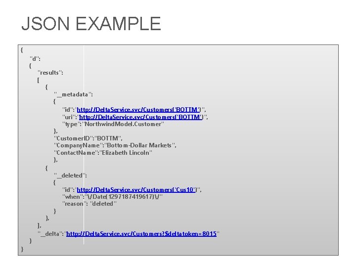 JSON EXAMPLE { "d": { "results": [ { "__metadata": { "id": "http: //Delta. Service.