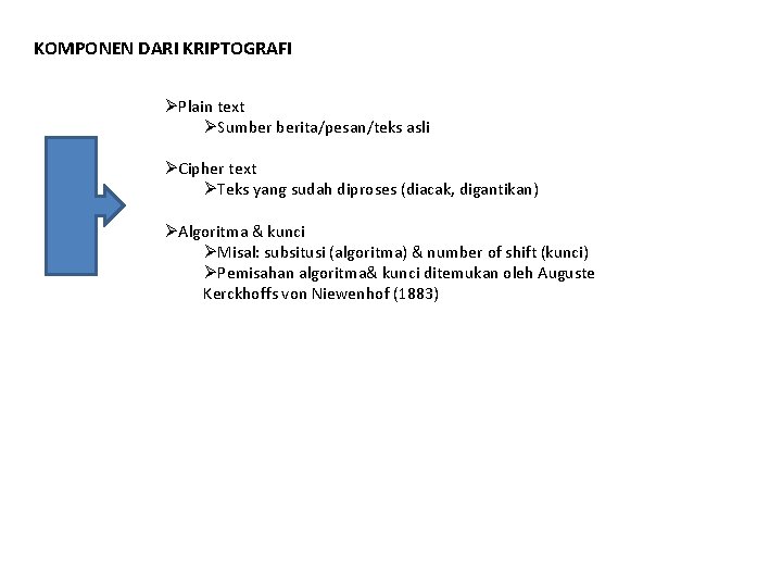 KOMPONEN DARI KRIPTOGRAFI ØPlain text ØSumber berita/pesan/teks asli ØCipher text ØTeks yang sudah diproses