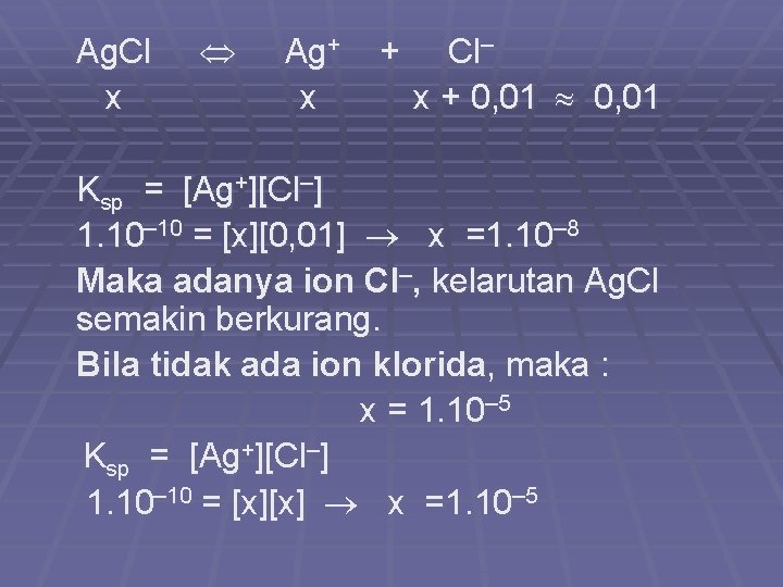Ag. Cl x Ag+ x + Cl– x + 0, 01 Ksp = [Ag+][Cl–]
