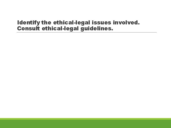 Identify the ethical-legal issues involved. Consult ethical-legal guidelines. 