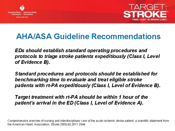AHA/ASA Guideline Recommendations EDs should establish standard operating procedures and protocols to triage stroke