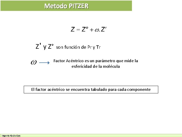 Metodo PITZER Z' y Z° son función de Pr y Tr Factor Acéntrico es