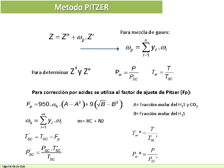 Metodo PITZER Para mezcla de gases: Para determinar Z'y Z° Para corrección por acidez