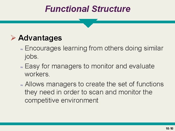 Functional Structure Ø Advantages ≈ Encourages learning from others doing similar jobs. ≈ Easy
