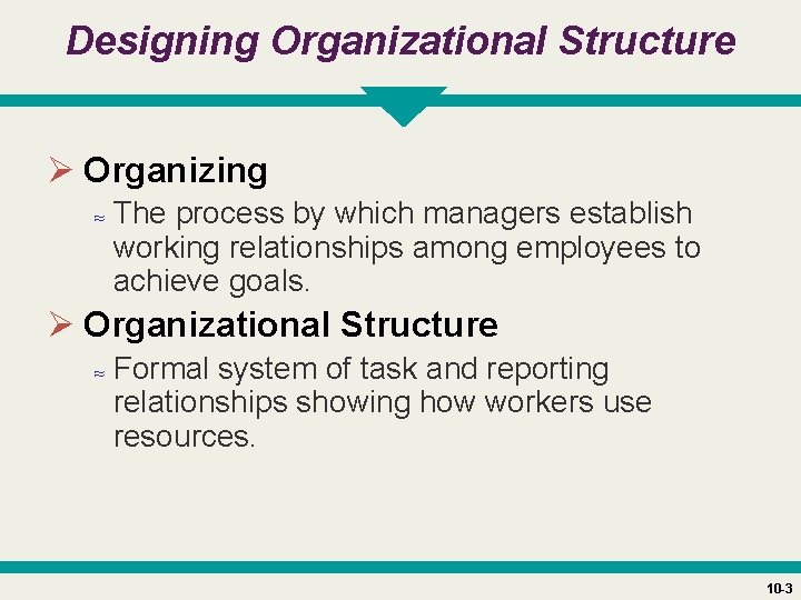 Designing Organizational Structure Ø Organizing ≈ The process by which managers establish working relationships