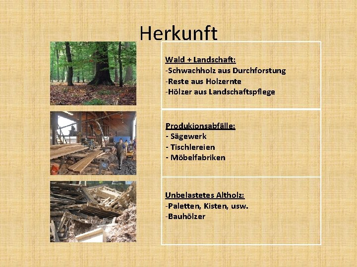 Herkunft Wald + Landschaft: -Schwachholz aus Durchforstung -Reste aus Holzernte -Hölzer aus Landschaftspflege Produkionsabfälle: