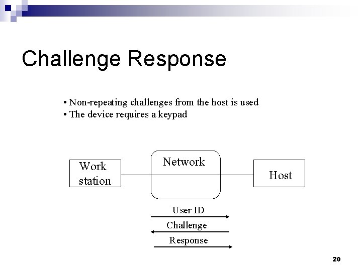 Challenge Response • Non-repeating challenges from the host is used • The device requires