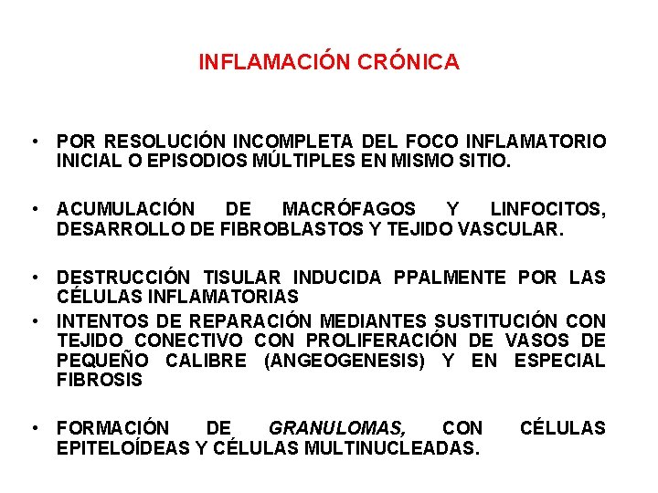 INFLAMACIÓN CRÓNICA • POR RESOLUCIÓN INCOMPLETA DEL FOCO INFLAMATORIO INICIAL O EPISODIOS MÚLTIPLES EN