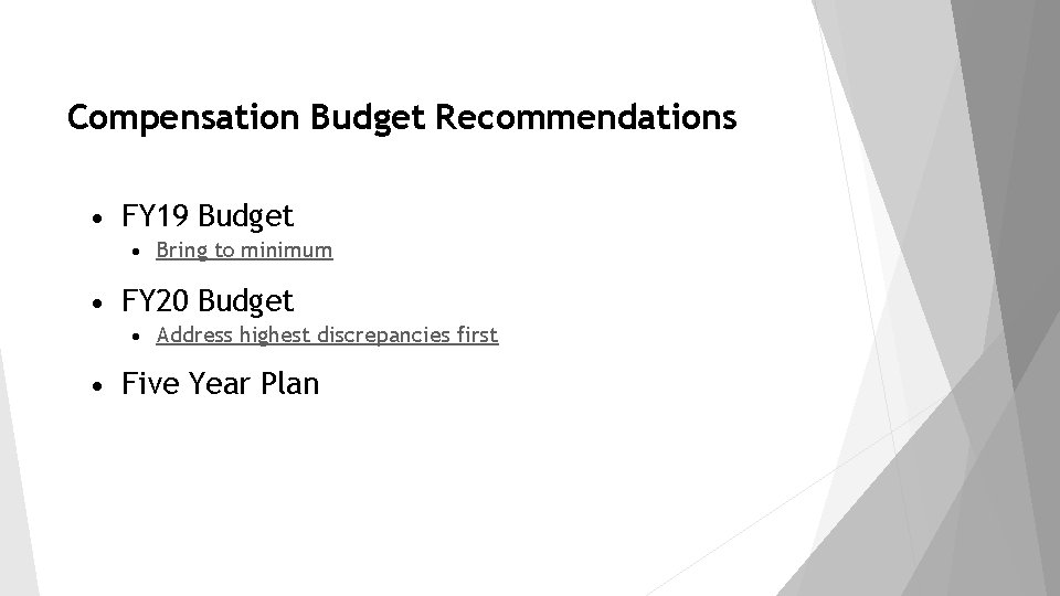 Compensation Budget Recommendations FY 19 Budget FY 20 Budget Bring to minimum Address highest