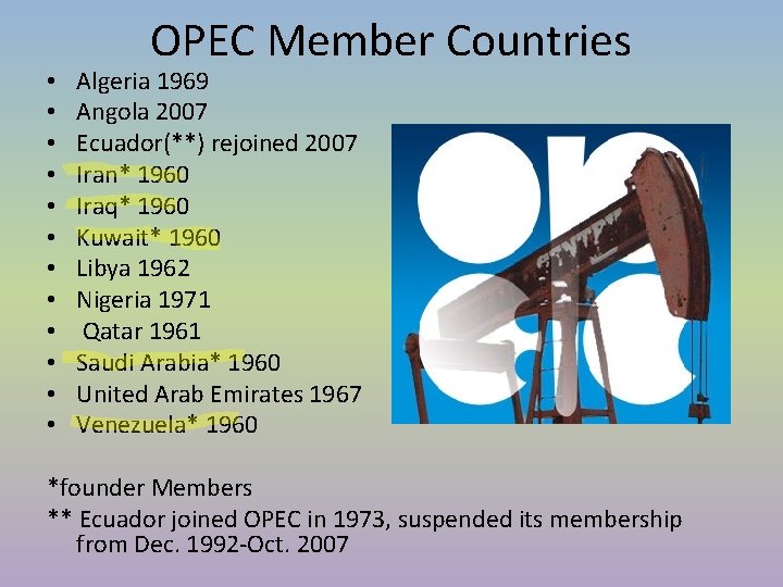 • • • OPEC Member Countries Algeria 1969 Angola 2007 Ecuador(**) rejoined 2007 • • • OPEC Member Countries Algeria 1969 Angola 2007 Ecuador(**) rejoined 2007