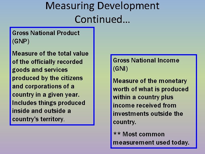 Measuring Development Continued… Gross National Product (GNP) Measure of the total value of the Measuring Development Continued… Gross National Product (GNP) Measure of the total value of the
