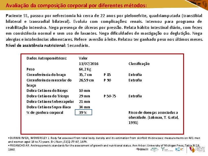 Avaliação da composição corporal por diferentes métodos: Paciente SS, passou por nefrectomia há cerca