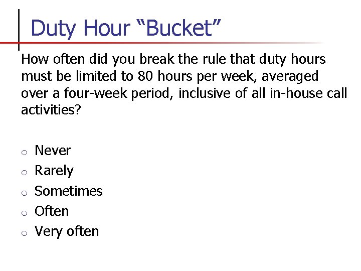 Duty Hour “Bucket” How often did you break the rule that duty hours must