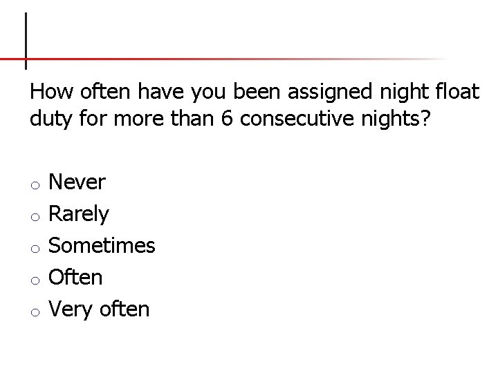 How often have you been assigned night float duty for more than 6 consecutive