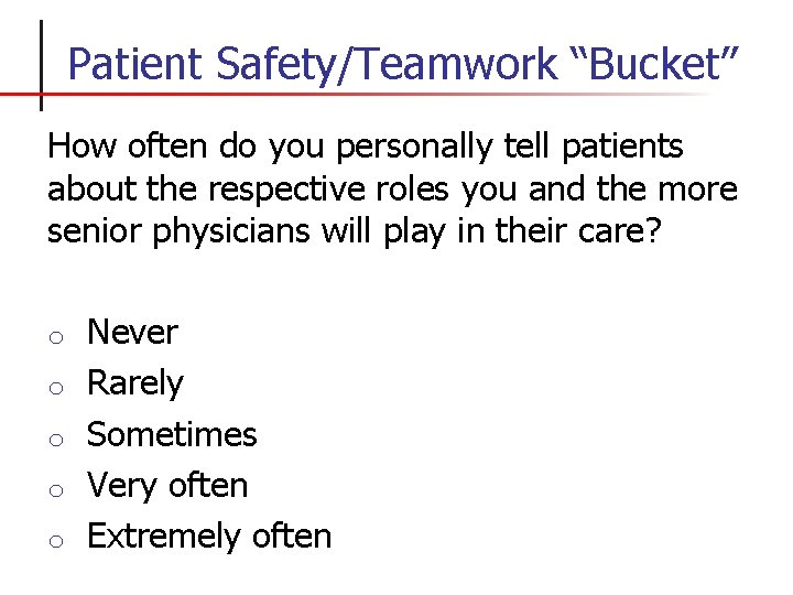 Patient Safety/Teamwork “Bucket” How often do you personally tell patients about the respective roles