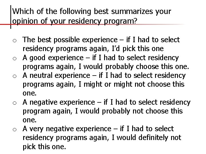 Which of the following best summarizes your opinion of your residency program? o The