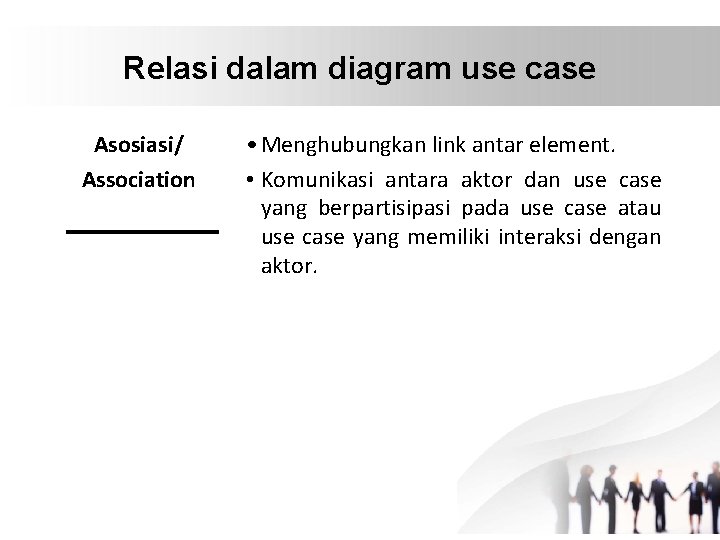 Relasi dalam diagram use case Asosiasi/ Association • Menghubungkan link antar element. • Komunikasi