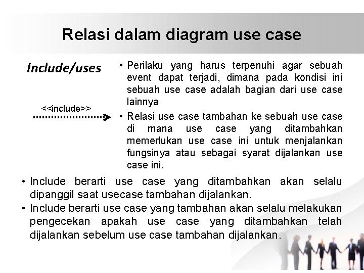 Relasi dalam diagram use case Include/uses <<include>> • Perilaku yang harus terpenuhi agar sebuah
