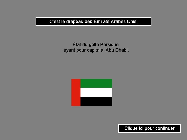 C’est le drapeau des Émirats Arabes Unis. État du golfe Persique ayant pour capitale: