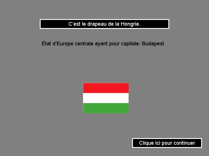 C’est le drapeau de la Hongrie. État d’Europe centrale ayant pour capitale: Budapest Clique