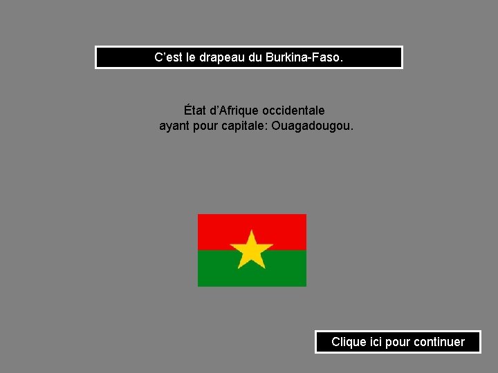 C’est le drapeau du Burkina-Faso. État d’Afrique occidentale ayant pour capitale: Ouagadougou. Clique ici