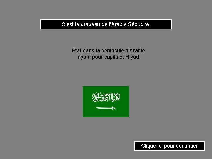C’est le drapeau de l’Arabie Séoudite. État dans la péninsule d’Arabie ayant pour capitale: