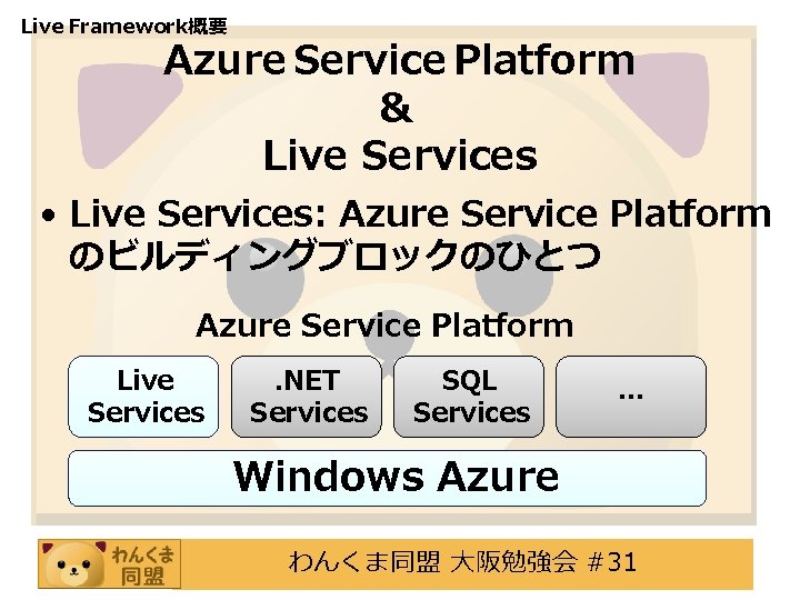 Live Framework概要 Azure Service Platform & Live Services • Live Services: Azure Service Platform Live Framework概要 Azure Service Platform & Live Services • Live Services: Azure Service Platform