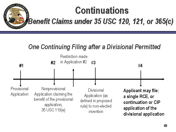 Continuations Benefit Claims under 35 USC 120, 121, or 365(c) One Continuing Filing after