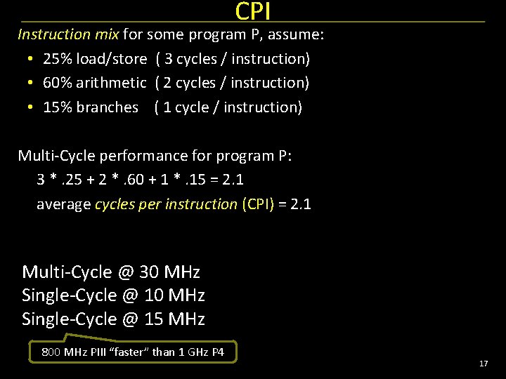 CPI Instruction mix for some program P, assume: • 25% load/store ( 3 cycles