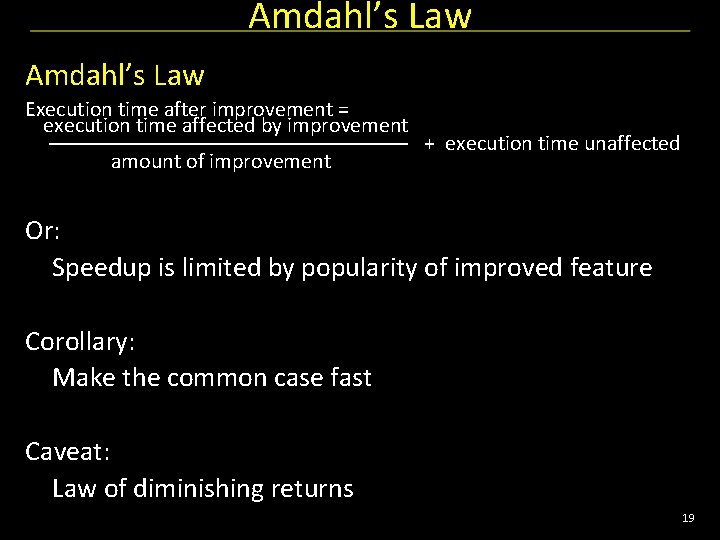 Amdahl’s Law Execution time after improvement = execution time affected by improvement amount of