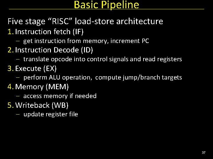Basic Pipeline Five stage “RISC” load-store architecture 1. Instruction fetch (IF) – get instruction
