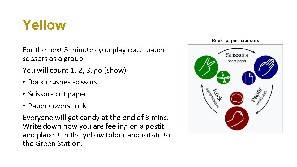 Yellow For the next 3 minutes you play rock- paperscissors as a group: You