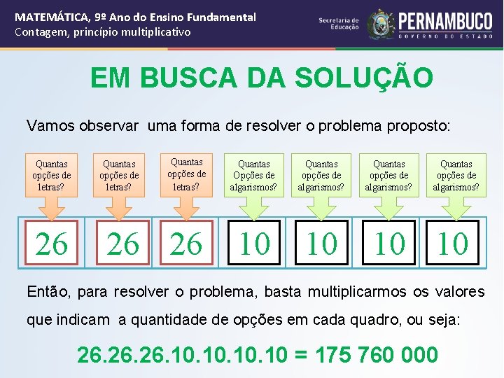 MATEMÁTICA, 9º Ano do Ensino Fundamental Contagem, princípio multiplicativo EM BUSCA DA SOLUÇÃO Vamos