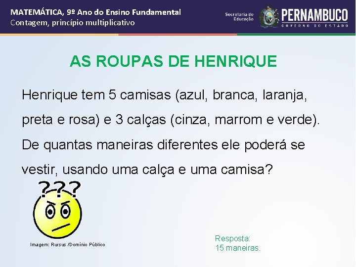 MATEMÁTICA, 9º Ano do Ensino Fundamental Contagem, princípio multiplicativo AS ROUPAS DE HENRIQUE Henrique