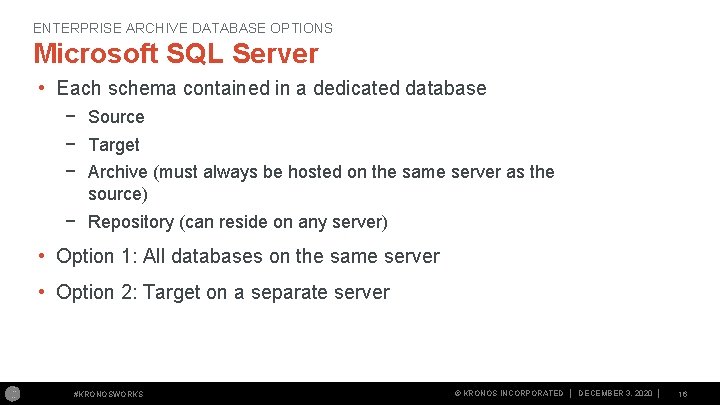 ENTERPRISE ARCHIVE DATABASE OPTIONS Microsoft SQL Server • Each schema contained in a dedicated ENTERPRISE ARCHIVE DATABASE OPTIONS Microsoft SQL Server • Each schema contained in a dedicated